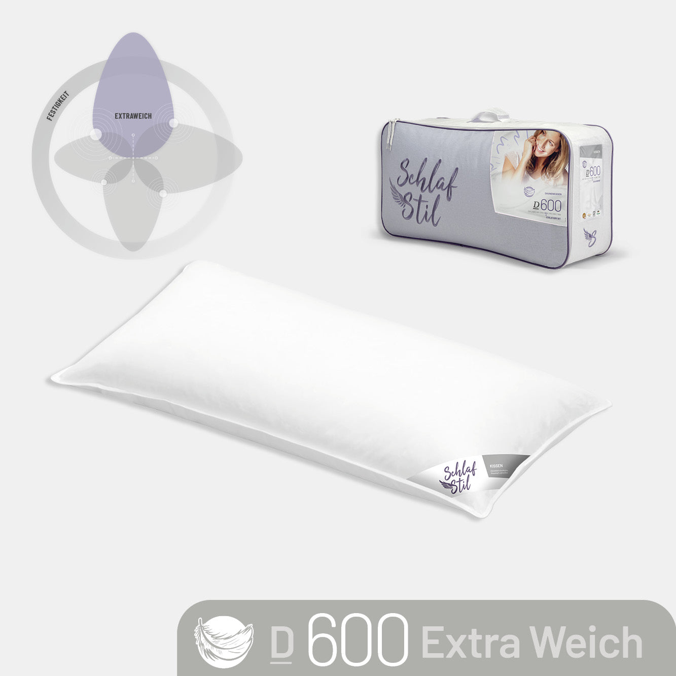 Gänsefedern- und Gänsedaunenkissen D600, 50 % Gänsedaunen / 50 % Gänsefedern